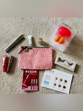 Pink Quilted Makeup Pouch with Assorted Beauty items